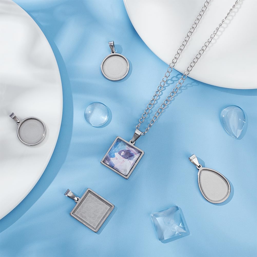 UNICRAFTALE 24pcs 3 Styles 6set Cabochon Pendant Settings Stainless Steel Blank Bezel Pendant Trays Teardrop Square Flat Round Base Cabochon Charm with Glass Cabochons for Jewelry Making - Image 2