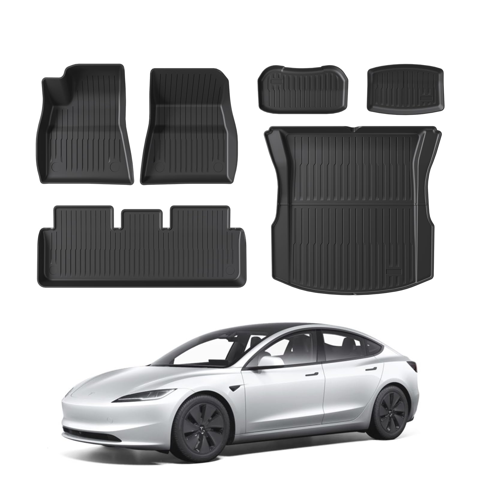 2024-2025 Tesla Model 3 Highland All-Weather Custom Fit TPE Floor Mats, Full Set with Trunk Liner & Cargo Mat Accessories, 6-Piece Interior Floor Mat Kit for Tesla Model 3 (2024-2025)