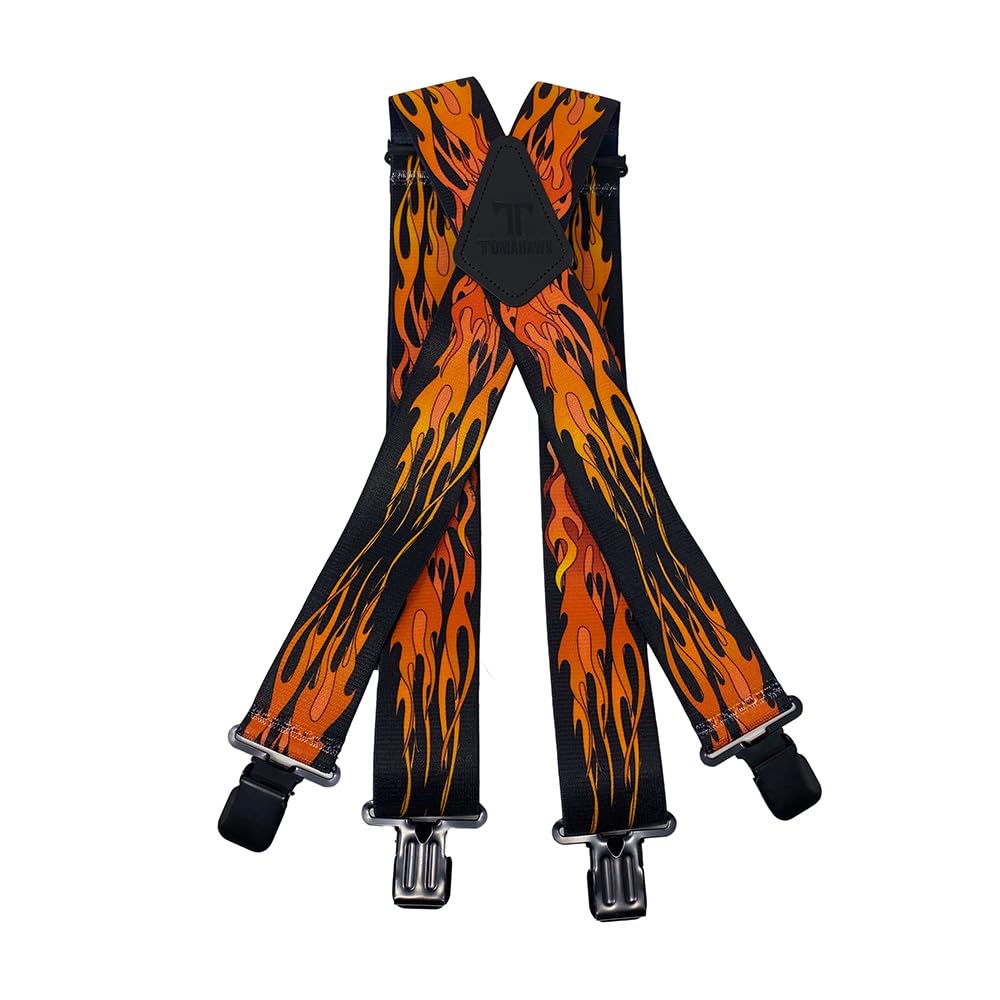 Tomahawk Tools Unisex Flames Red Tomahawk Heavy Duty Braces, Adjustable, Suspenders, Strong Clasp (Flames Red)