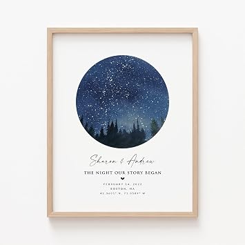 BlissfulMelodyDesign Custom Star Map with Pine Trees Print Personalized Night Sky Constellation Print, Wedding, Anniversary, First Met, Birthday, Valentine's Day Gift (Forest Night)