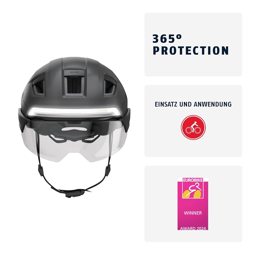 ABUS Stadthelm Pedelec 2.0 ACE Bicycle Helmet With Tail Light, Visor, Rain Cover, Ear Protection - For Men And Women - Dark Grey, L