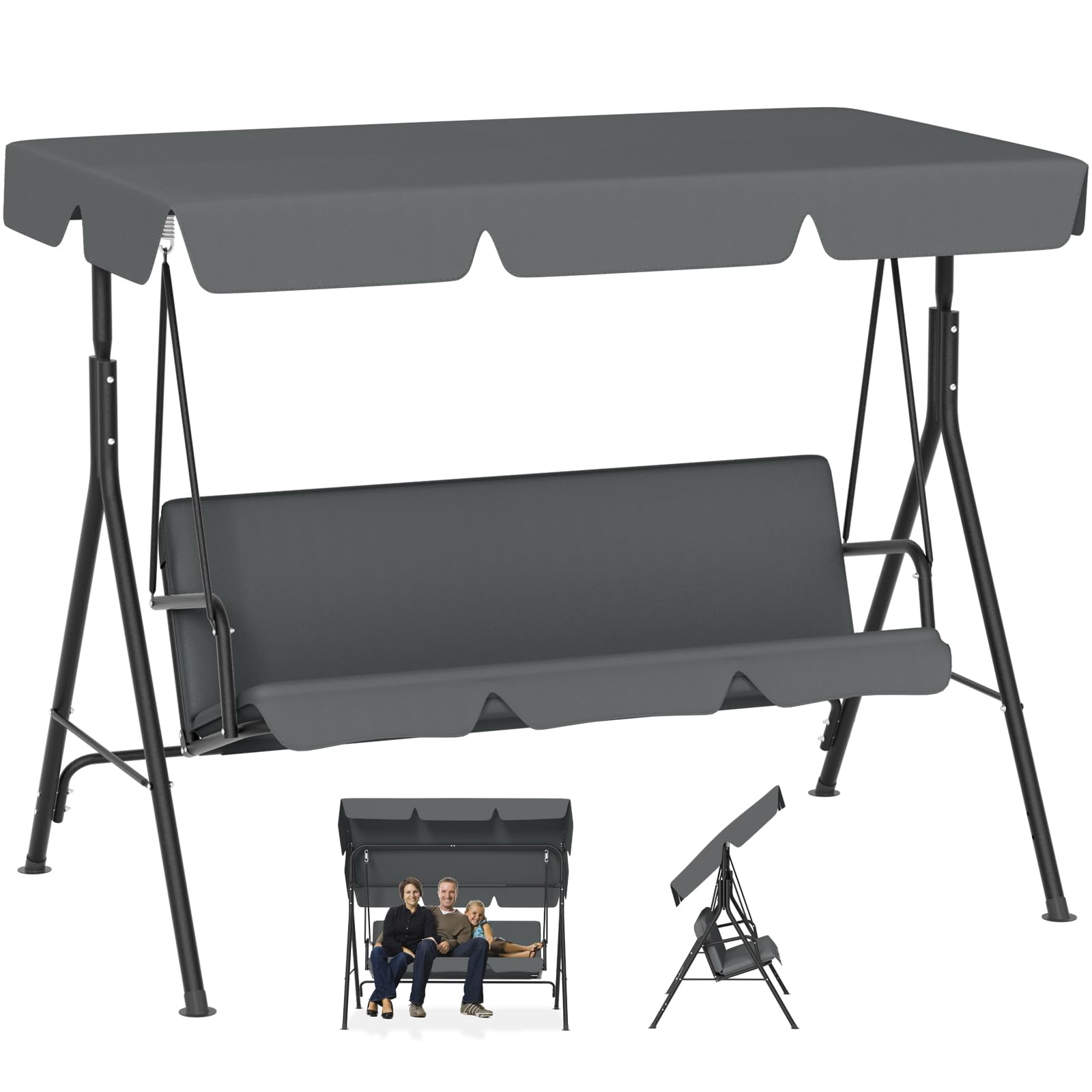 Froadp Hollywoodschaukel Outdoor mit Dach,Gartenchaukel 3 Sitzer bis 200kg Belastbar,Gartenliege Wetterfest,Schaukelbank für Erwachsene im Garten,Balkon,Terrasse,176x110x152cm,Grau
