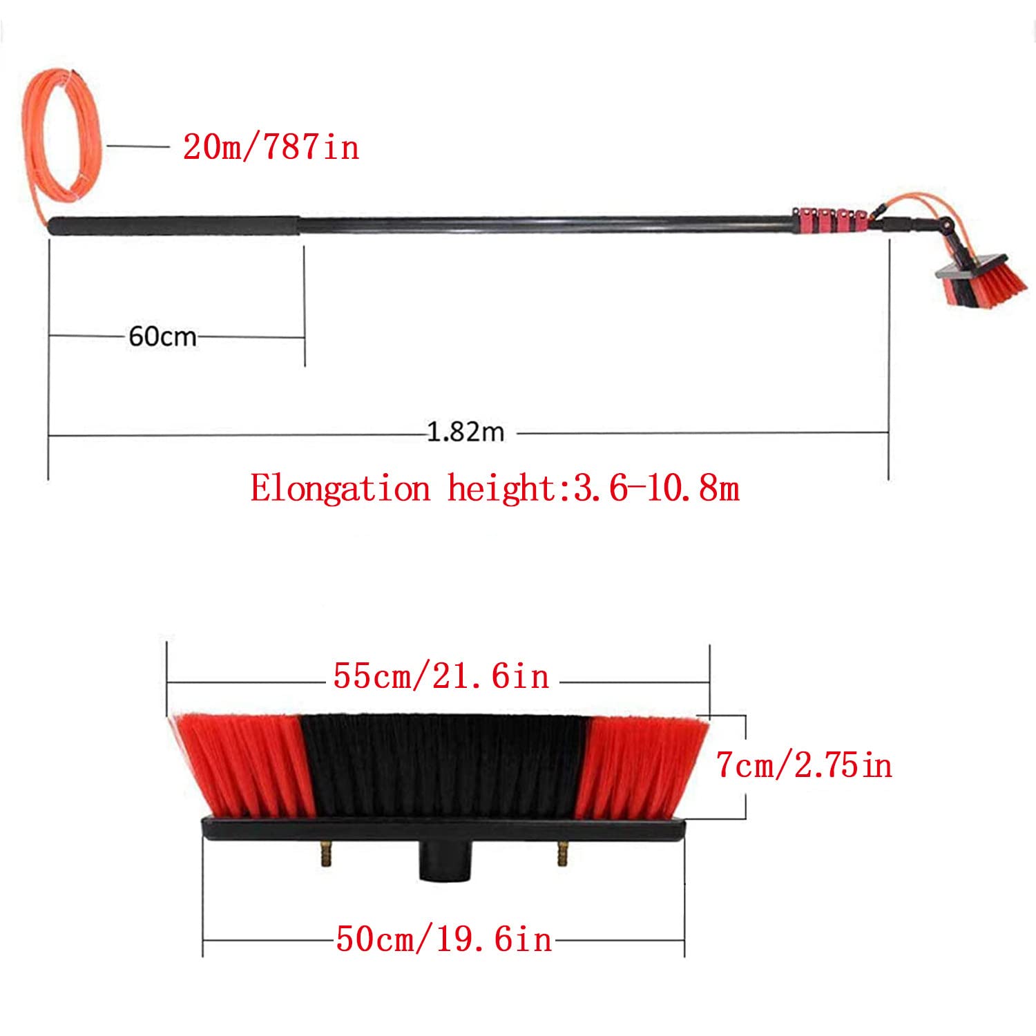 Kit de Cepillo cópico con alimentación de Agua Limpiador Extensible para Ventanas de Exteriores Limpieza de Paneles solares y fotovoltaicos Cabezal de Cepillo de 55 cm 7 2 m/24 torte