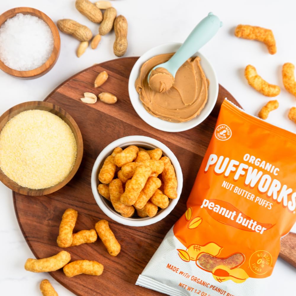 Puffworks Original Organic Peanut Butter Puffs, Plant-Based Protein, Healthy Kid's Snack, Gluten- and Rice-Free, Vegan, No Added Sugar, 1.2 Ounce (Pack of 12)