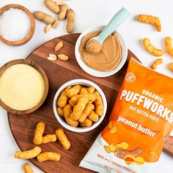 Puffworks Original Organic Peanut Butter Puffs, Plant-Based Protein, Healthy Kid's Snack, Gluten- and Rice-Free, Vegan, No Added Sugar, 1.2 Ounce (Pack of 12)