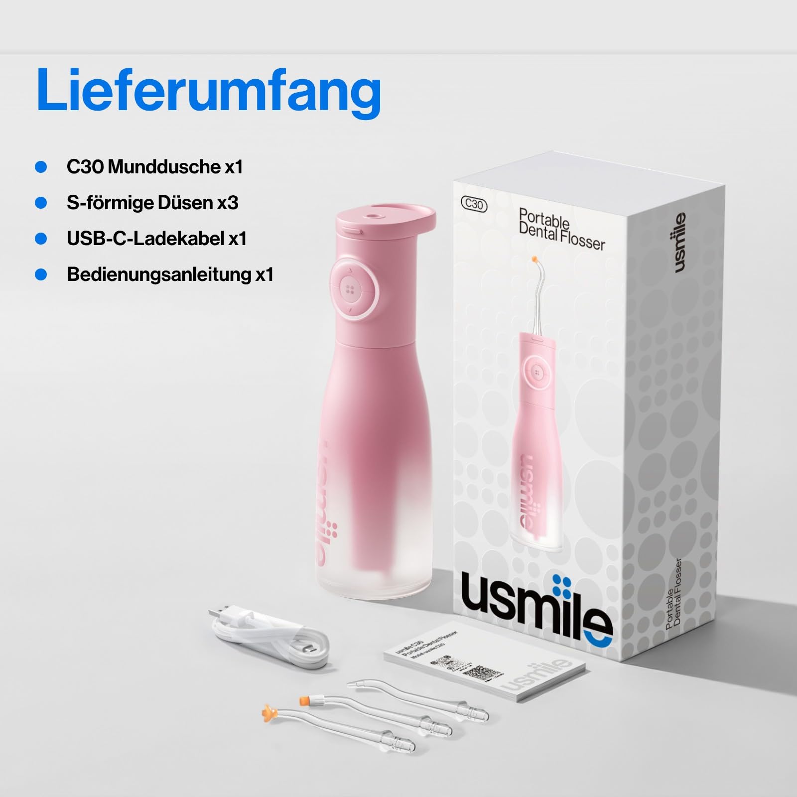 usmile C30 Munddusche Kabellos, 300 ml, 5 Druckstufen, Rosa | S-Düsen für Zahnspangen & Invisalign, USB-C wiederaufladbar, IPX7 wasserdicht, ideal für Reisen und Zuhause