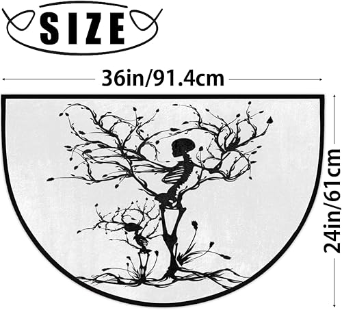 Miniatura 3 de FZDXZJJ Tapete medio redondo con diseño de esqueleto, diseño de calavera y árbol, tapete de bienvenida de Halloween negro para puerta delantera,