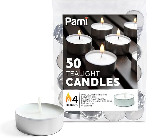 PAMI Velas de té de alta calidad de larga duración con 4 horas de tiempo de combustión paquete de 50 Velas de té sin perfume Velas de té de