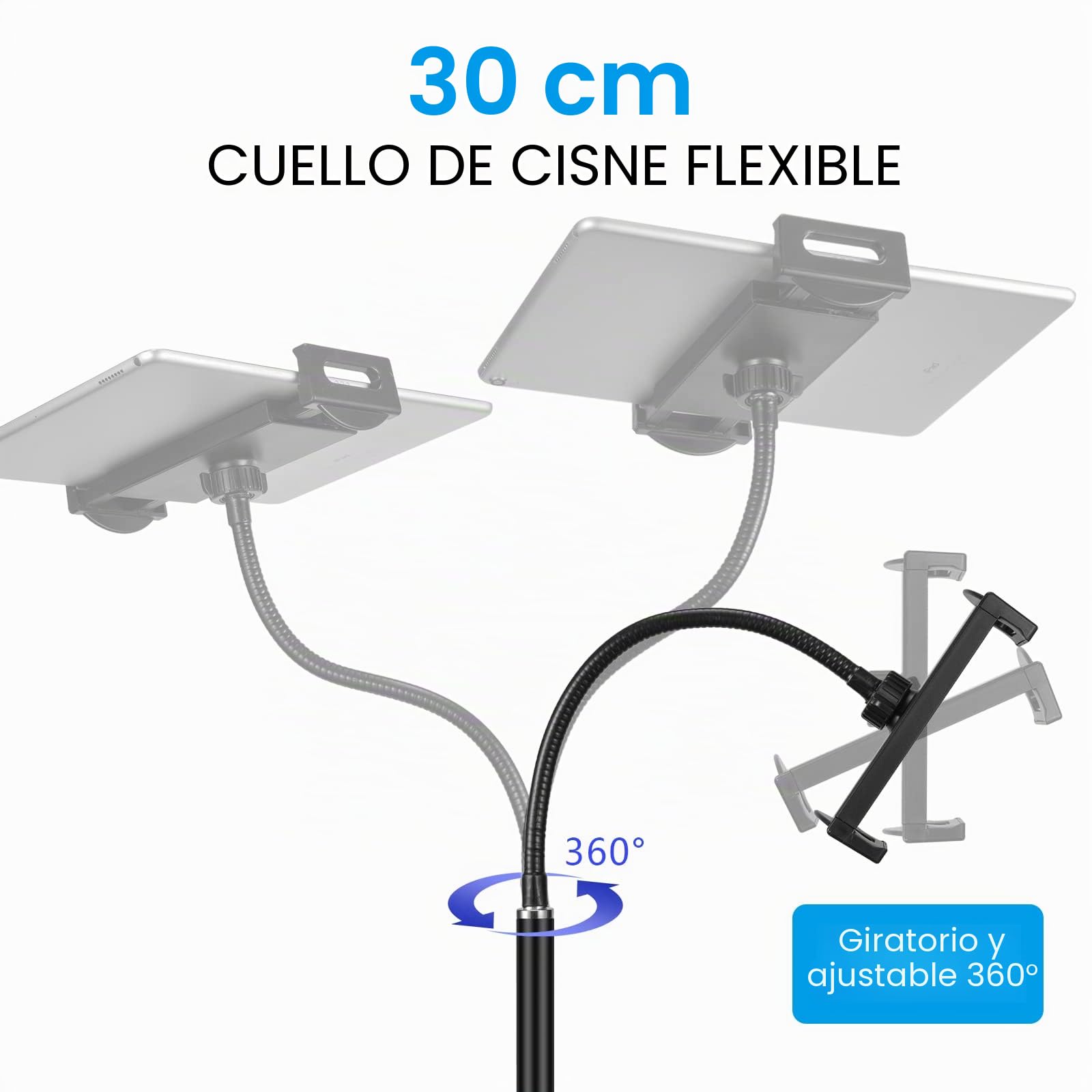 Soporte de suelo para tablet con doble base de peso, soporte de metal giratorio de 360 grados con soporte flexible de cuello de cisne para iPad Mini Air Pro, todos los teléfonos celulares, iPhone y