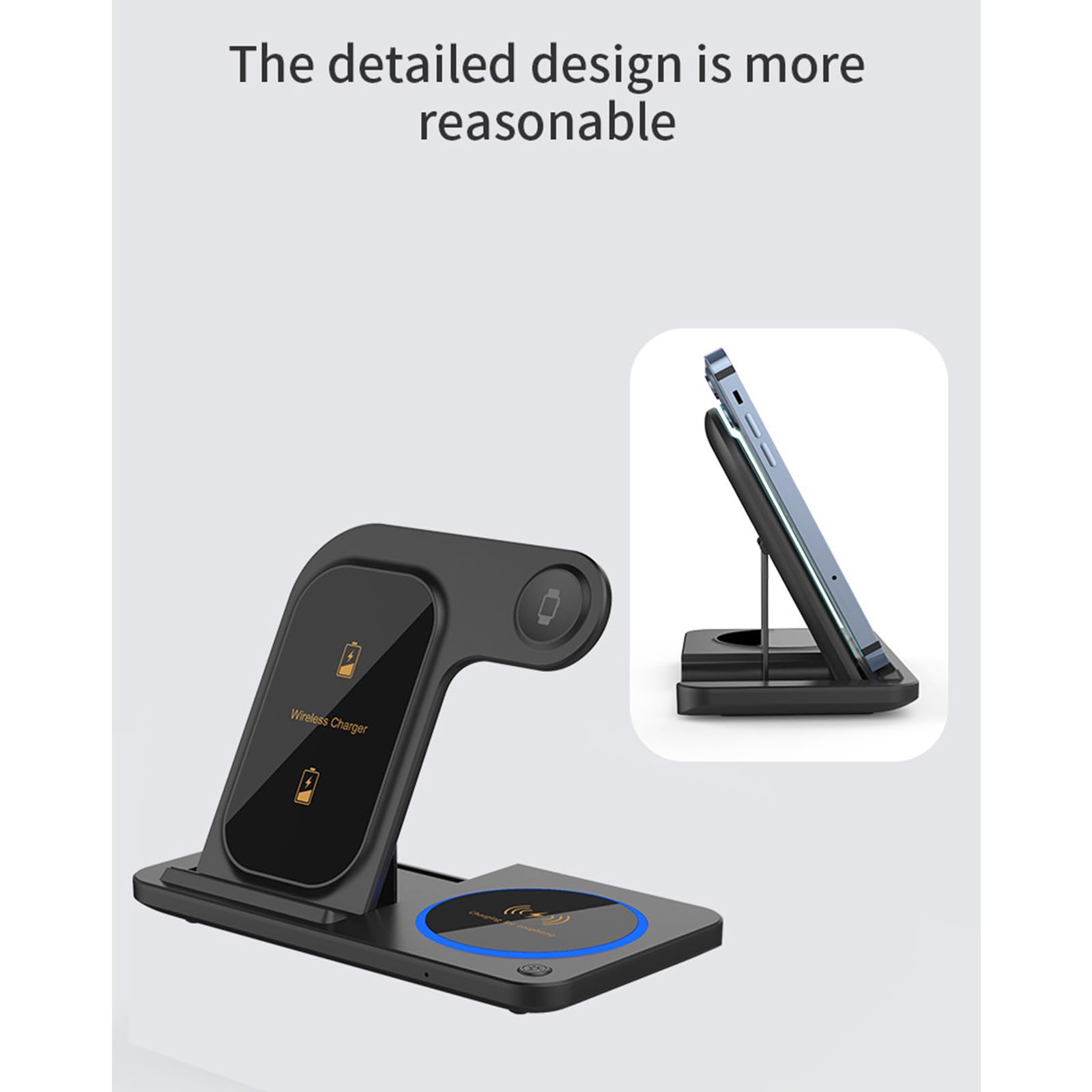 Supporto 3 in 1 molto sottile per wireless con tecnologia a doppia bobina, veloce e sicuro per smartphone, smartwatch, utilizzare telefoni pieghevoli, caricabatterie
