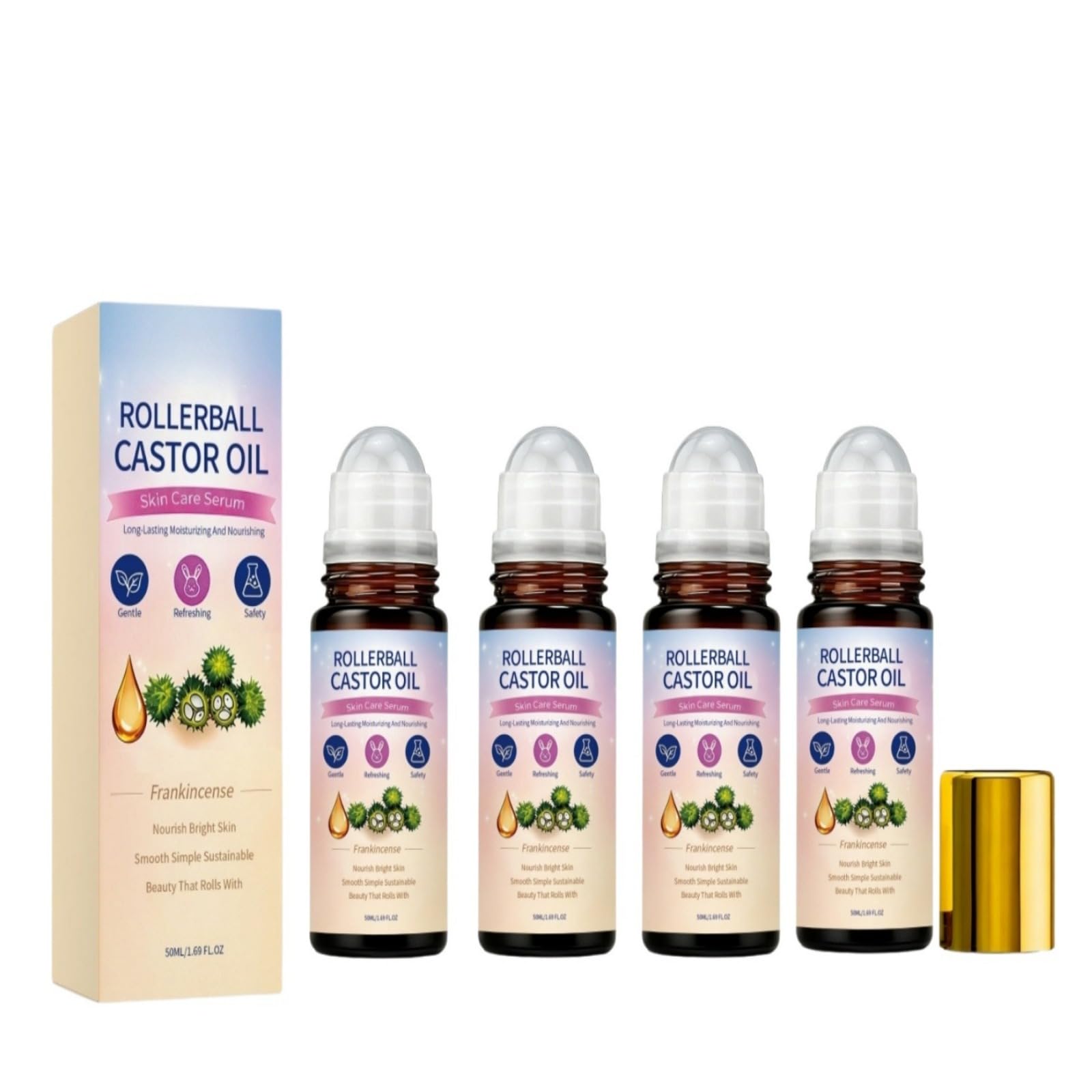 Organic Castor Oil Rose Quartz Roller Ball, Deep Hydration Skin Moisturizer, Castor Oil Roll On do twarzy, ciała, włosów, ujędrnienia i gładkiej skóry - Do wszystkich rodzajów skóry