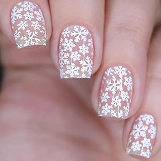 Christmas Press on Nails Short Square Fake Nails Full White Snowflake Design, Glossy Full Winter New Year's Xmas Extra Short Skin Color False Nails Square Stick on Nails Holiday Decoration for Women