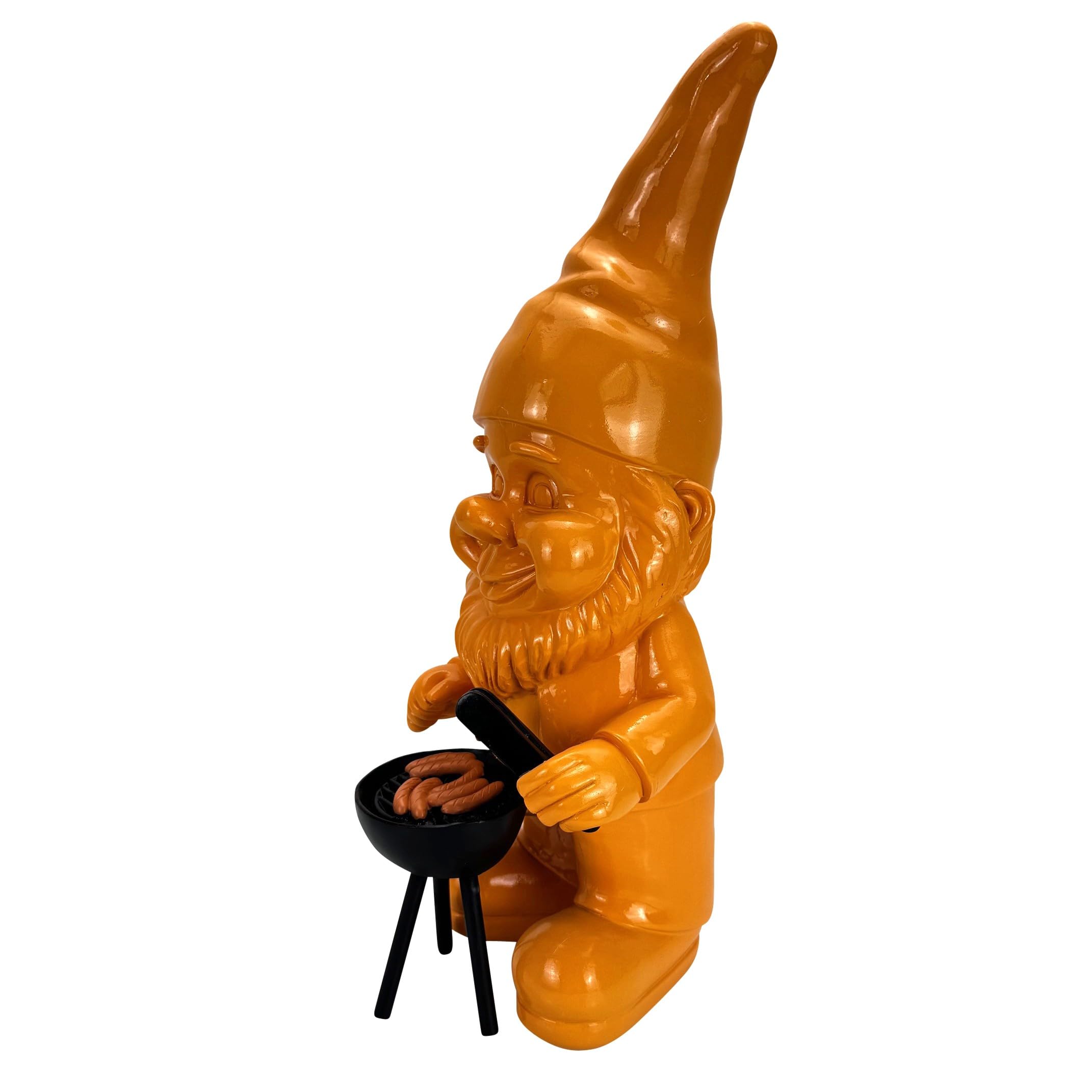Gartenfigur für draußen moderner Gartenzwerg mit Grill - 37 cm groß, wetterfest - lustige Geschenkidee als Gartendekoration (Orange)