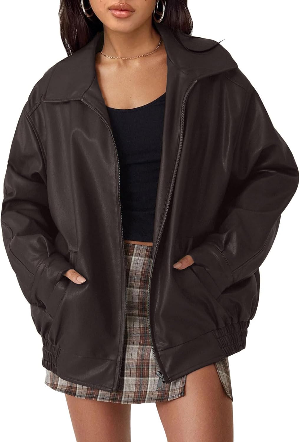 hathne Women's Oversized Leather Jackets Faux Zip Up Fall Fashion Motorcycle Jackets Coats Winter Clothes