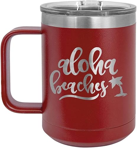 ALOHA BEACHES Taza de café de 15 oz con tapa deslizante | Taza de café de viaje aislada | Ideas de regalo de cumpleaños o Navidad de mujeres o