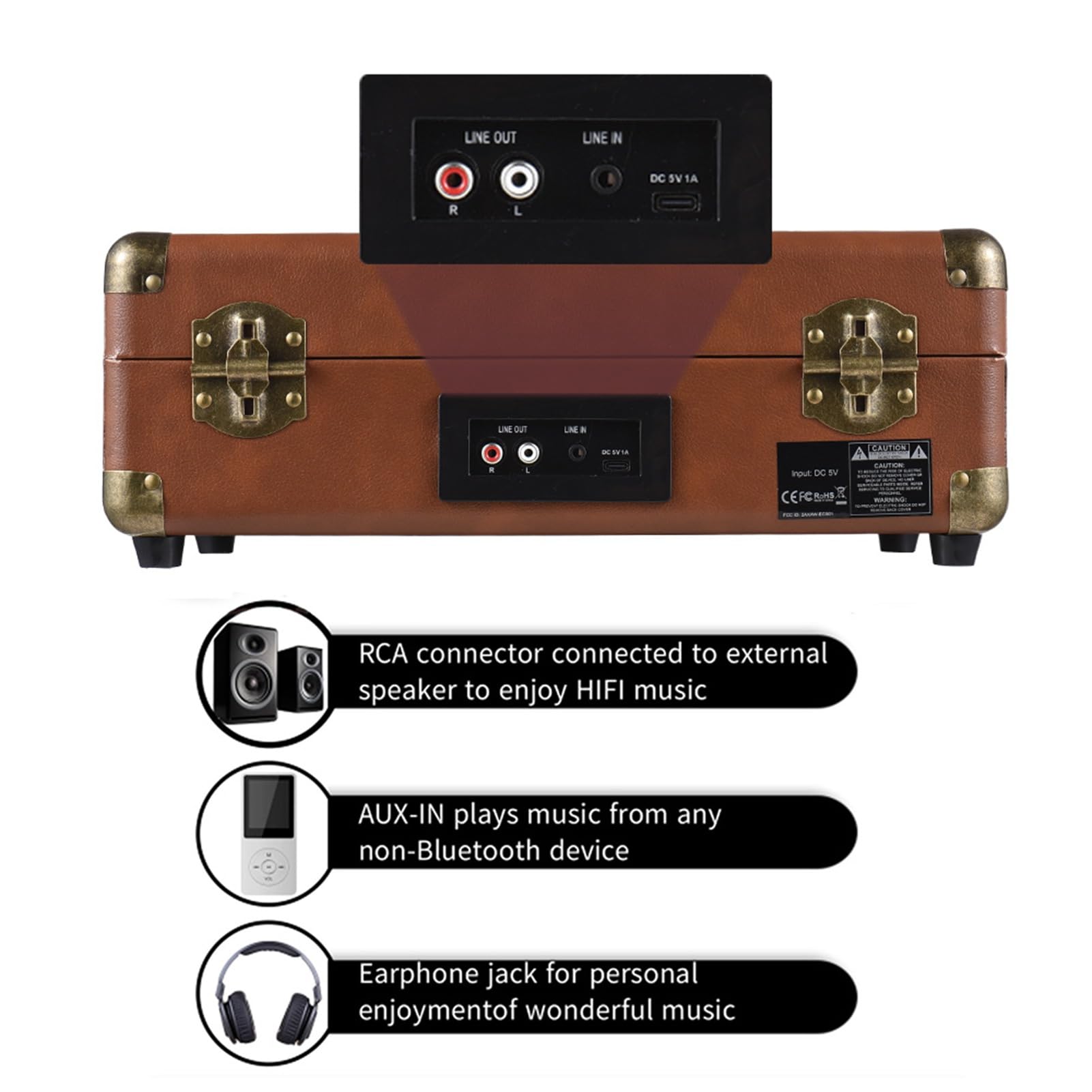 Giradischi Vintage in Vinile con BT 5.0, USB/riproduzione, Giradischi 33/45/78 Giri per Dischi da 7/10/12" (Marrone)