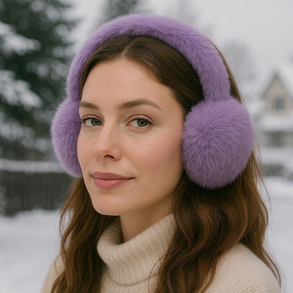 Women Winter Ear Muffs Gloves Set Girls Cute Fluffy Earmuffs Cold Weather Ear Warmers Faux Fur Ear Covers with Touch Screen Gloves,Purple