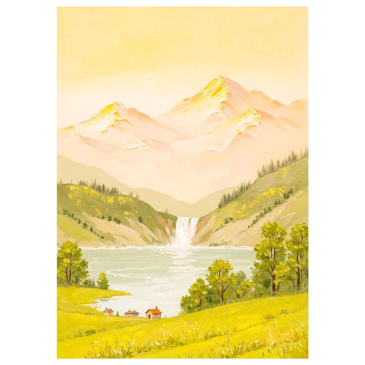 LCDIUDIU Oil Paintings On Canvas Sunlit Mountain Lake Waterfall Wall Art Spring Countryside Landscape Wall Decor Abstract Hand Painted Textured Unframed Artwork for Living Room Office 150X220Cm(60X8
