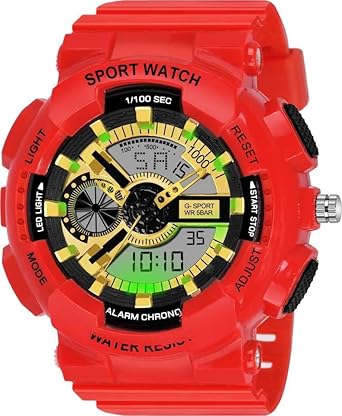 SHARK STONE Men's Digital Sports Wrist Watch LED Screen Large Face Electronics Waterproof Alarm Stopwatch Back Light Outdoor Casual Red Watch