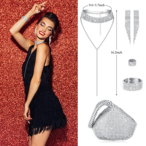 Sanfenly 6 Pieces Women Crystal Jewelry Set Rhinestone Choker Necklace Stretch Bangle Bracelet Ring Dangle Fringe Earrings Triangle Glitter Bling Purse for Bridal Wedding Party4