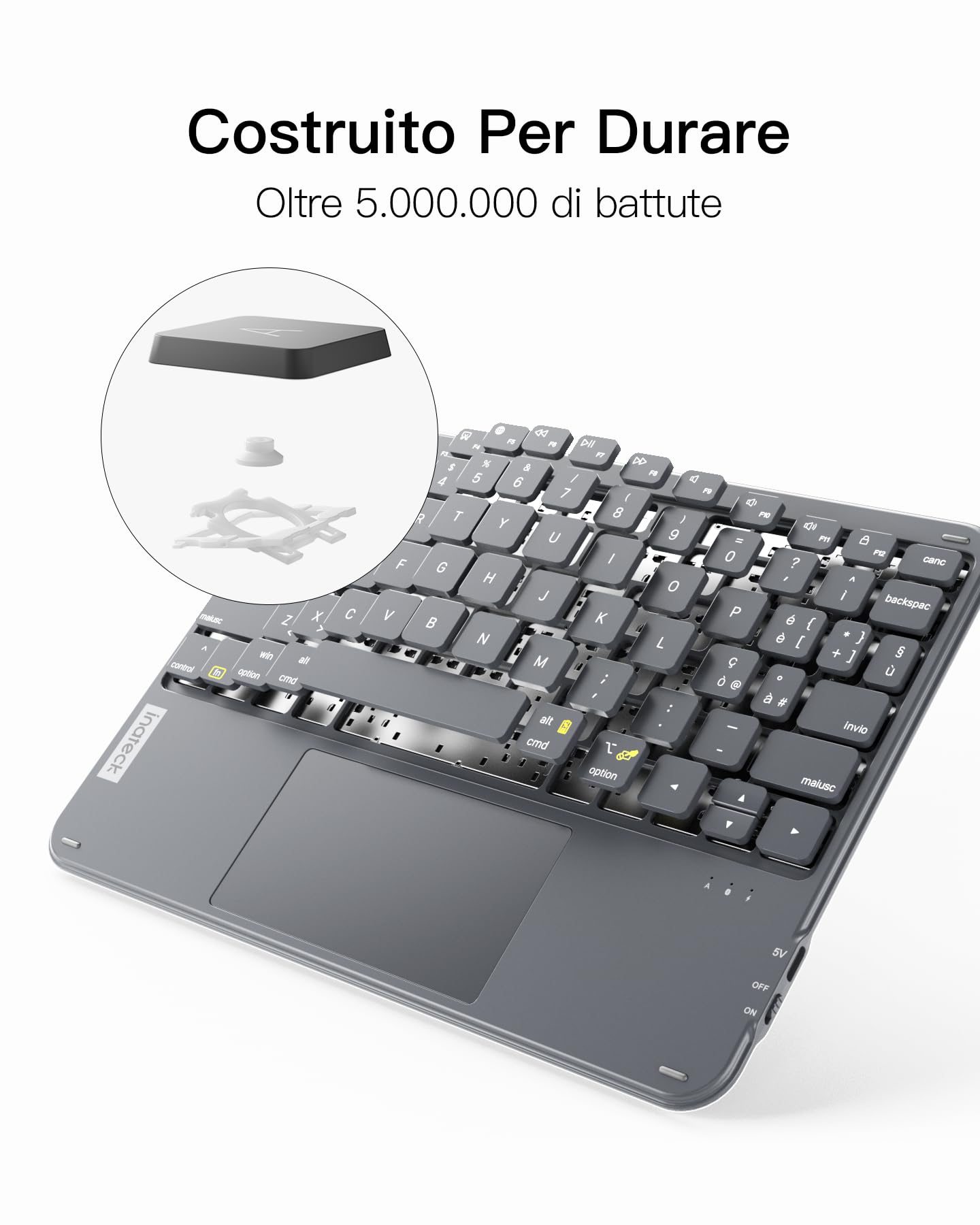 Inateck Tastiera Bluetooth con Touchpad Integrato, Tastiera Wireless Ultra Sottile per Tablet PC iPad, QWERTY Layout Italiano Ricaricabile, Compatibile con Windows iPadOS Android, Grigio