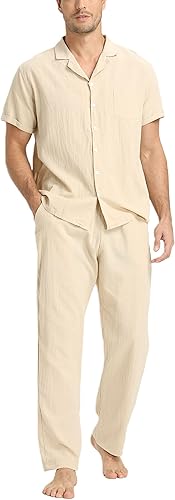RPOVIG Conjunto de camisa de lino y pantalones conjuntos de lino de 2 piezas para hombre, camisas de manga corta, pantalones de yoga, trajes de