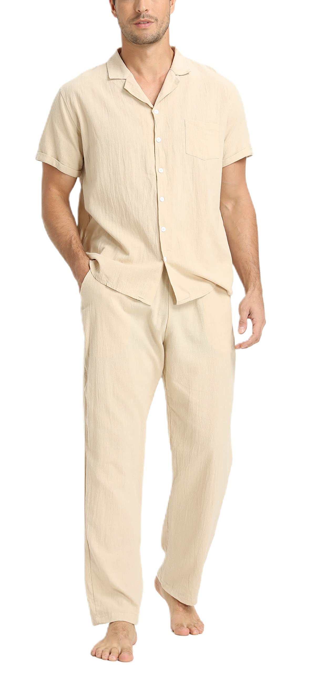 Linen Shirt Pants Outfits:Men's Linen Sets 2 Piece Short Sleeve Shirts Yoga Pants Beach Wedding Suits-image-0