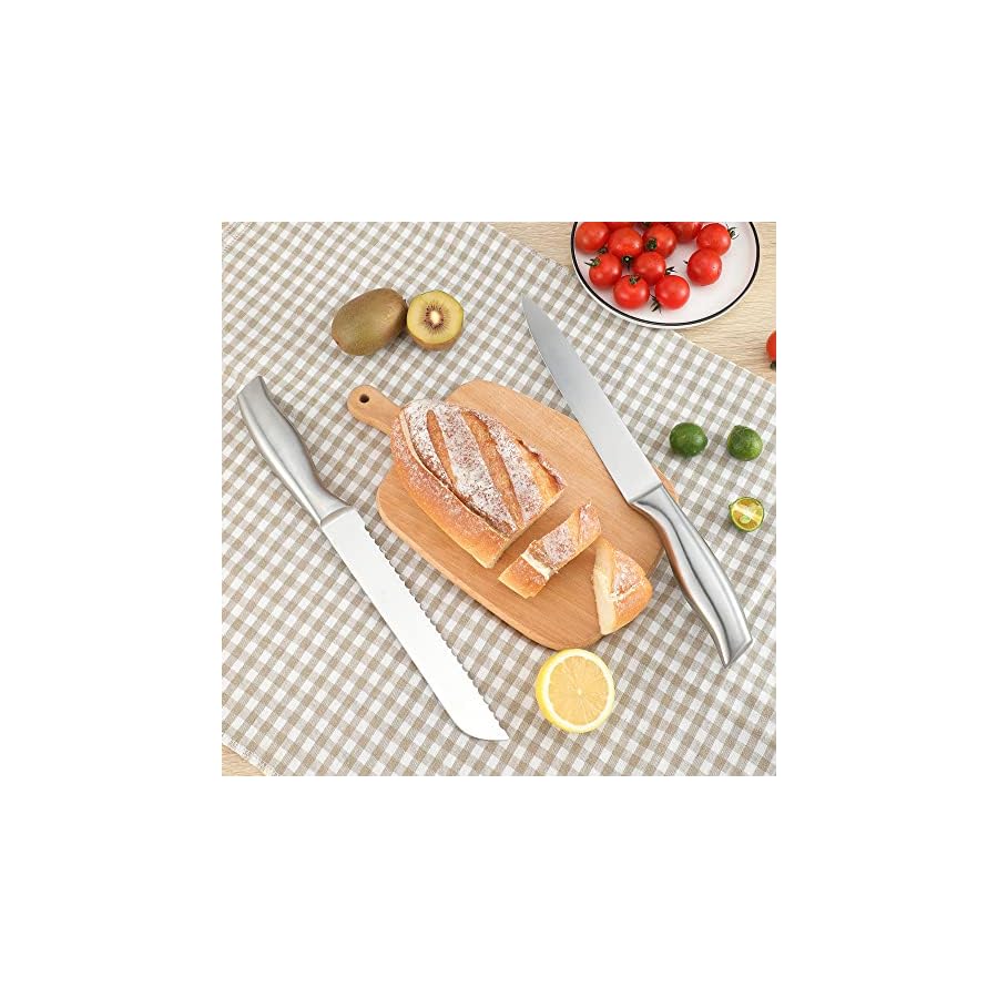 IsheTao-15-Piece-Premium-Kitchen-Knife-Set-With-Wooden-Block-High-Carbon-Stainless-Steel-Knife-Set-One-piece-Dishwasher-Safe-Kitchen-Knives-Set-Self-sharpening-Ergonomic-Handle Knife Sets for Kitchen with Block, 15 Piece Kitchen Knife Set, Ultra Sharp Chef Knife Set for Kitchen, High Carbon Stainless Steel Knife Block Set with Sharpener, Silver