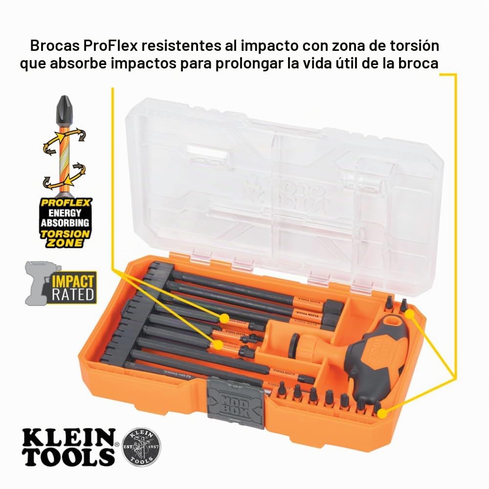 KLEIN TOOLS 33804 Proflex Juego de manijas en T intercambiables con clasificación de impacto, zona de torsión, soporte magnético para brocas, SAE, métrico, TORX, 23 piezas