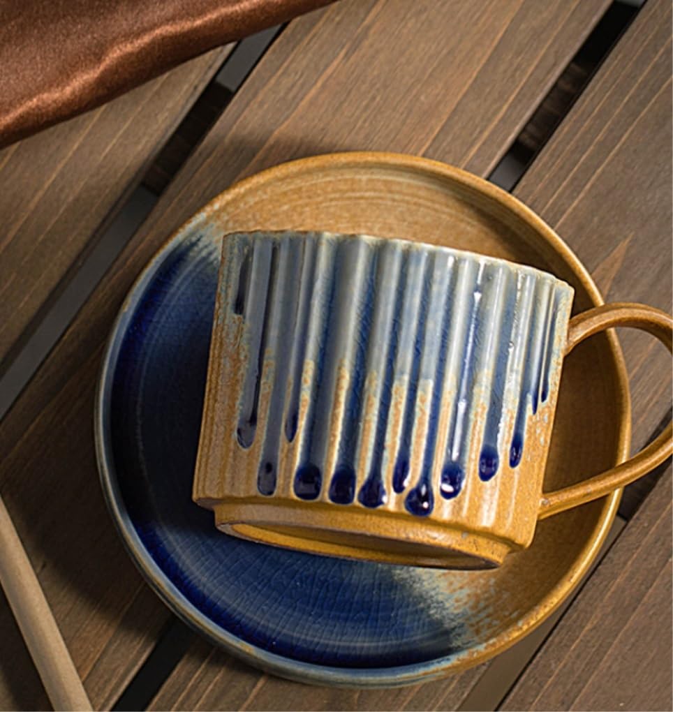Tasse Kaffeebecher Tassen Handgefertigtes Keramik-Kaffeetasse- Und Untertassen-Set Einfache Grobe Keramiktasse Home Afternoon Tea Retro Teetasse Kaffeetassen (Color : B, Size : 250ml)