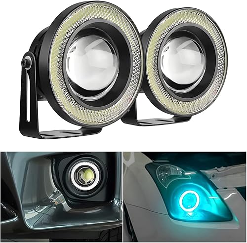 2 luces antiniebla de ojo de ángel para automóvil, lámpara LED COB redonda de alta potencia brillante con anillos de ojo de ángel de halo blanco