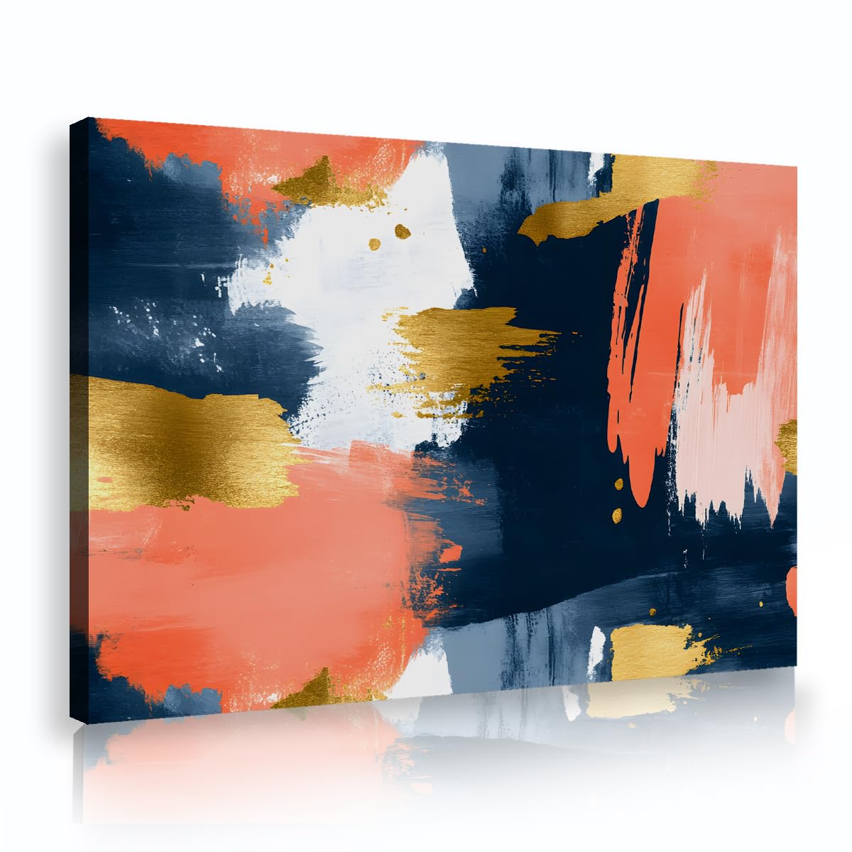TOANGWALL Navy Blue Terracotta Poster Abstract Framed Painting Gold Foil Textured Brush Stroke Canvas Wall Art Coral Salmon Pictures For Lounge Hallway Decor 70x100cm