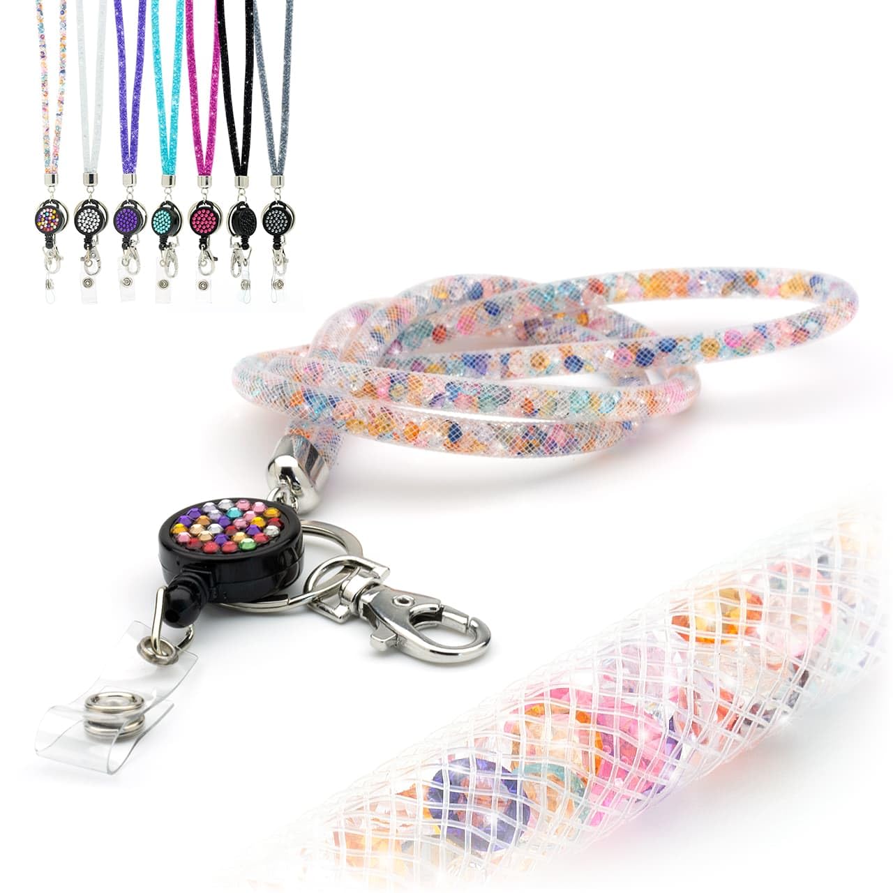 Cordón brillante con diamantes de imitación con gemas de cristal con clip de metal giratorio y carrete retráctil brillante para tarjetas de identificación, 1 unidad