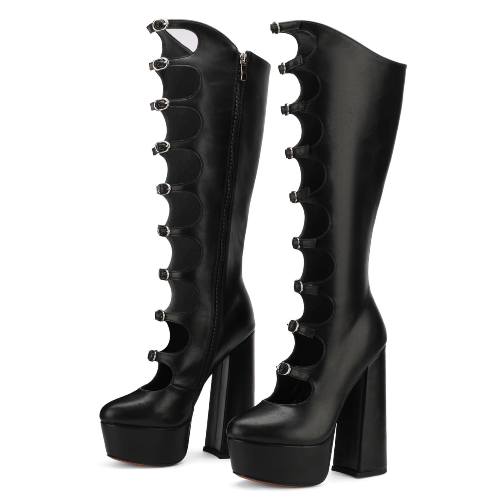 FancyQueen Gothic Boots for Women Knee High Chunky Platform Boots Black Lolita Buckle Block Heels Punk Combat Mid