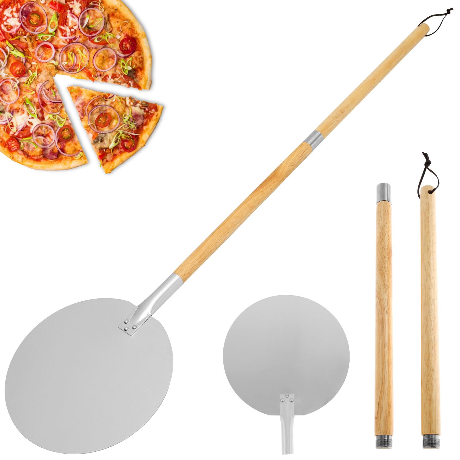 Pizza Turning Peel, Detachable Turning Pizza Spatula with Wood Handle, Easy-Clean & Nonstick, Heavy-Duty Aluminum Pizza Turning Peel, for Pizza Oven Homemade Pizza Bread Bakers 49.8x12 inches
