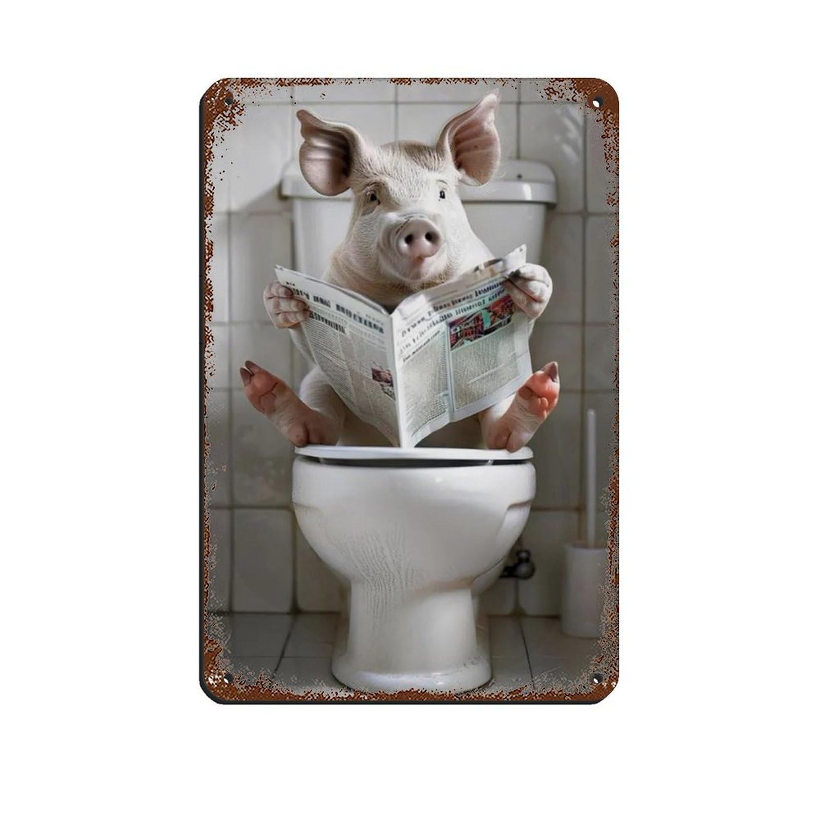 Pig Bathroom Art, Pig on Toilet Reading Newspaper Tin Sign Vintage Metal Pub Club Cafe Bar Home Wall Art Decoration Poster Retro 8x12inch(20x30cm)