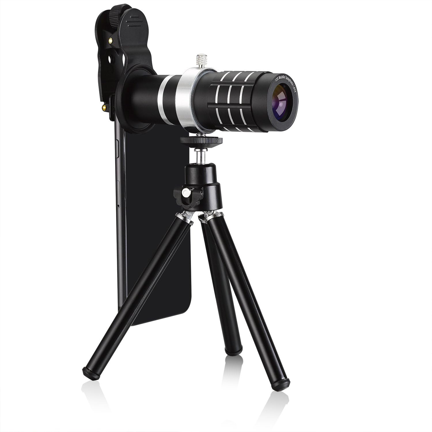 HXGD Mobile Phone Optical Camera Telephoto Lens 12x Mobile Zoom Lens with Universal Clip and Extended Mini Tripod for iPhone Samsung and Most Smartphone (Black)