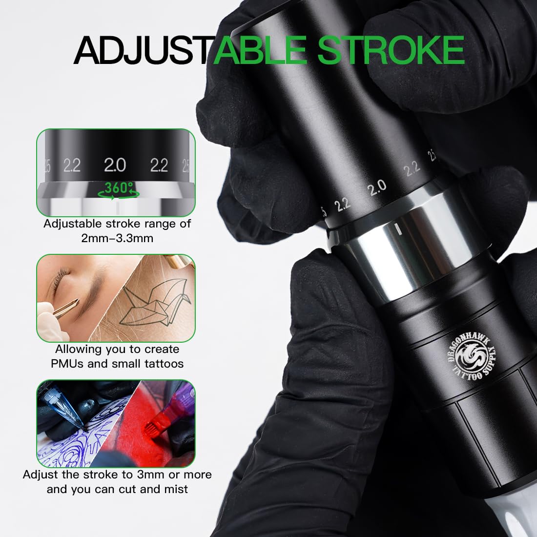 Dragonhawk Tour Y23 Wireless Tattoo Kit 2 Replaceable Batteries Tattoo Pen Machine Gun Kit with 6 Strokes Length Change