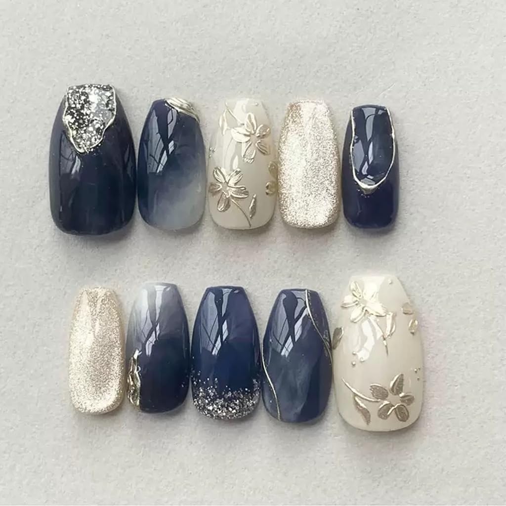 Medium Press on Nails Coffin - Silver Flower Fake Nails with Embossed Design - Blue Ombre Full Cover Stick on False Nails - for Women 24 Pcs