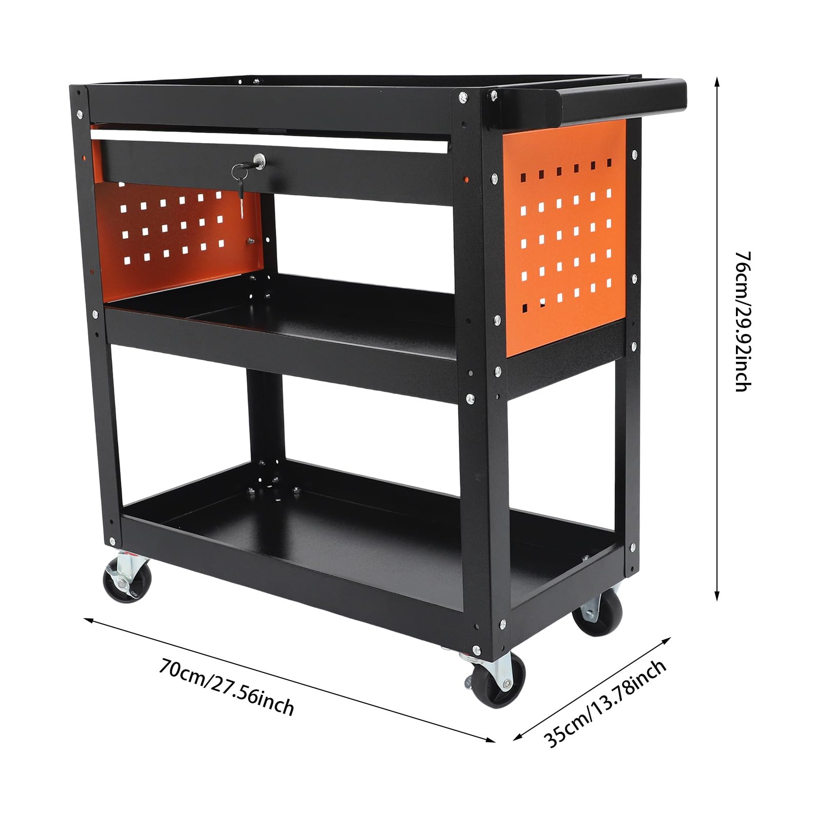 Carro de taller con 3 niveles, carro de taller con cajón y pared perforada, carro de herramientas con cerradura para taller, garaje y almacén, carro de servicio resistente