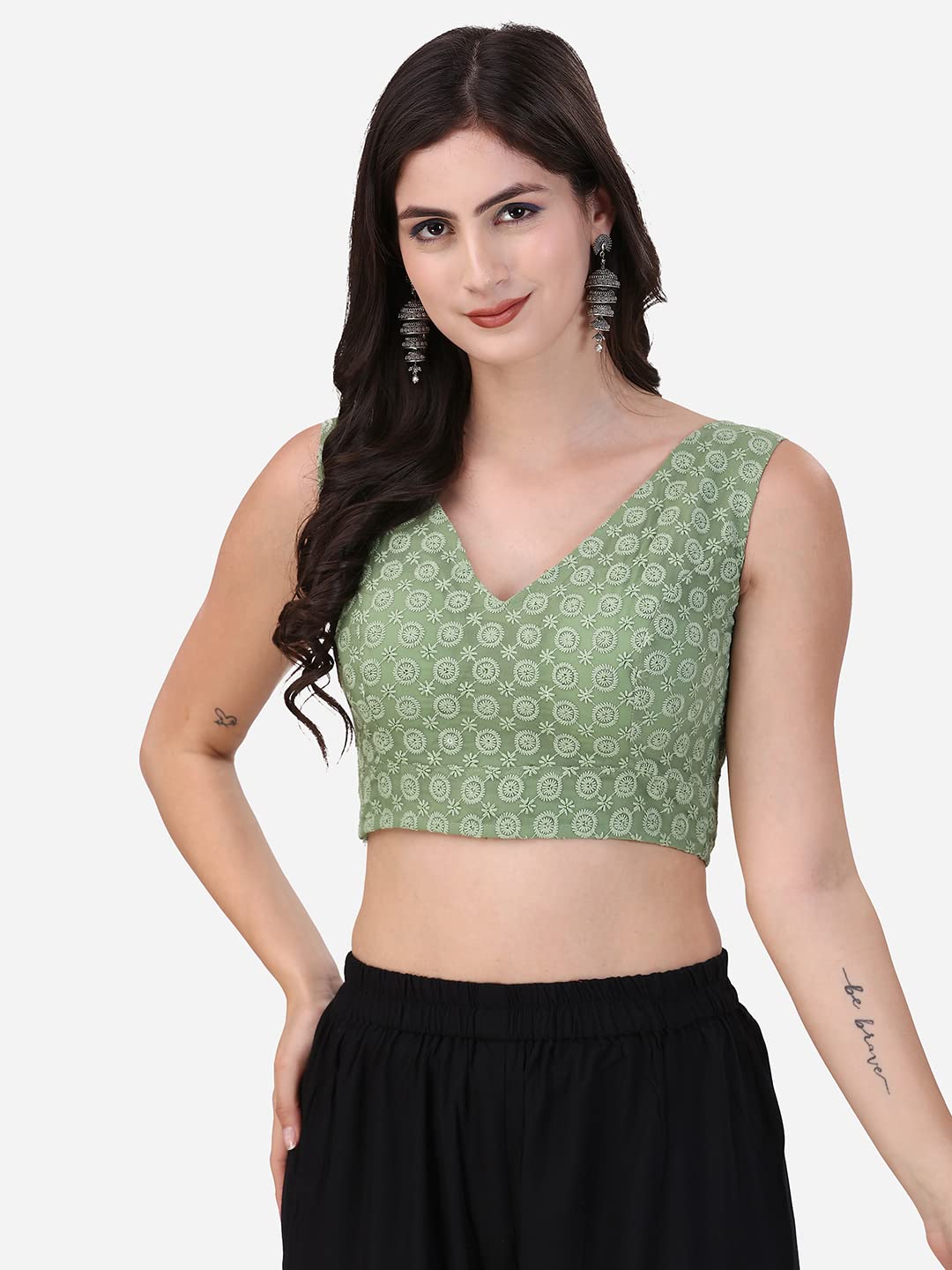Oomph Women's Indian Ethnic Wear Designer Round Leaf Pattern V Neck Sleeveless Cotton Pista Blouse For Saree Or Lehnga And Blousepalazzos Or Skirts For A Fusion Twist.