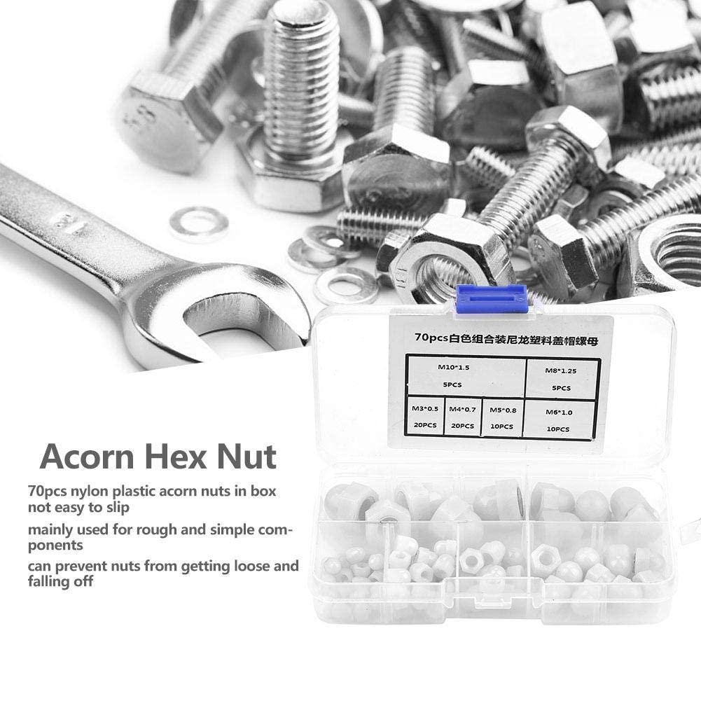 Set din Dadi, Kit Assortimento,Dado Esagonale, Tappo A Testa Bombata In Nylon,Dado Cieco A Forma di Dadi a Ghianda 70 Pezzi M3/m4/m5/m6/m8/m10 Bianca