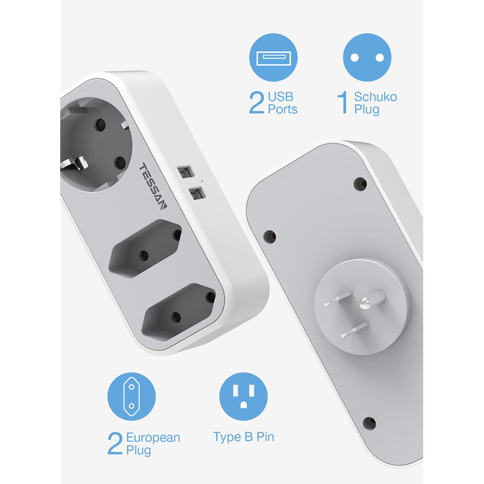 TESSAN Adattatore Presa Americana, Adattatore USA con 3 Tomas y 2 USB, Presa Americana Adattatore Italiana para USA Tailandia Canada Messico, Adattatore Spina Americana