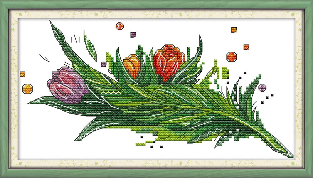 WOWDECOR Cross Stitch Embroidery Kits for Adults Kids Beautiful Tulip Flowers 11CT Stamped DIY DMC Needlework Easy Beginners