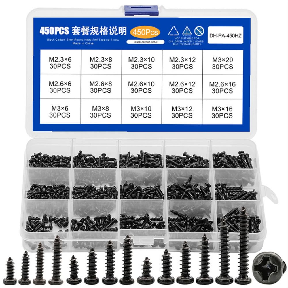 Valman 450pcs Coarse Phillips Drive Round Head Self-Tapping Screw Set Carbon Steel Black PA Oxide Finish Wood Screws Assortment Kit for Drywall Sheetrock, Briskstep