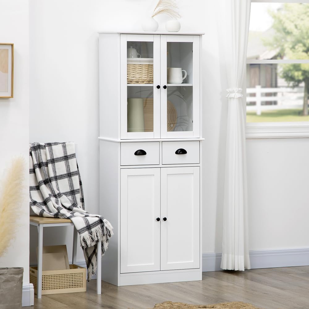 61" Freestanding Kitchen Pantry, Traditional Style Storage Cabinet with Soft Close Doors, Adjustable Shelves, and 2 Drawers
