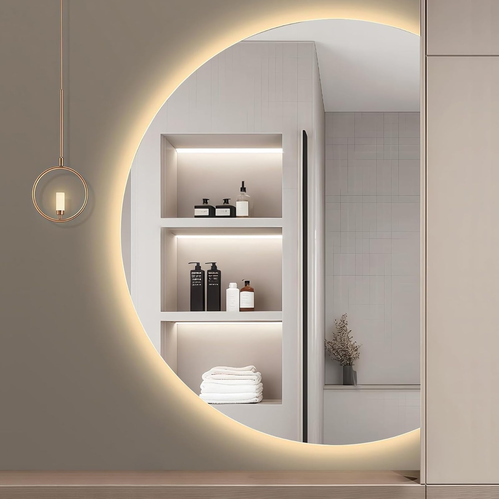 SXFSDOU Dimmable Wall-Mounted Bathroom Mirror 51", Frameless LED Smart 3 Colors Vanity with Touch Switch 47", Anti-Fog Explosion-Proof(Right Cut,90x60cm/35x24)