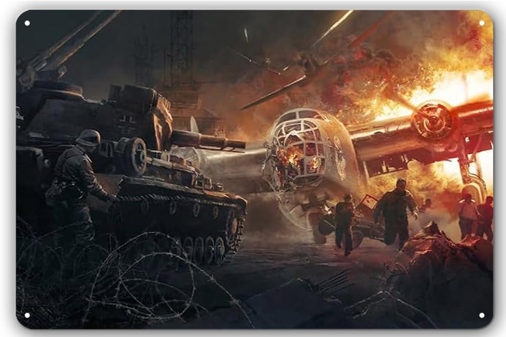 8x12 in Black and White WWII Military Art Tin Sign Fighter Planes and Tanks Vintage War Wall Decor