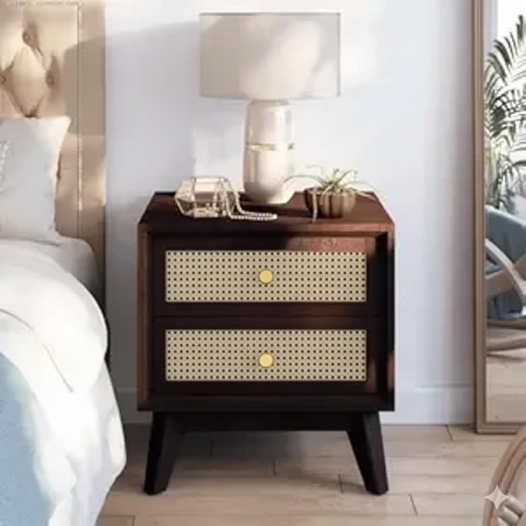 Wooden Bedside Table with 2 Rattan Drawers, Dark Walnut, Boho Nightstand for Bedroom Size L45*H45*W40 CM-image-44