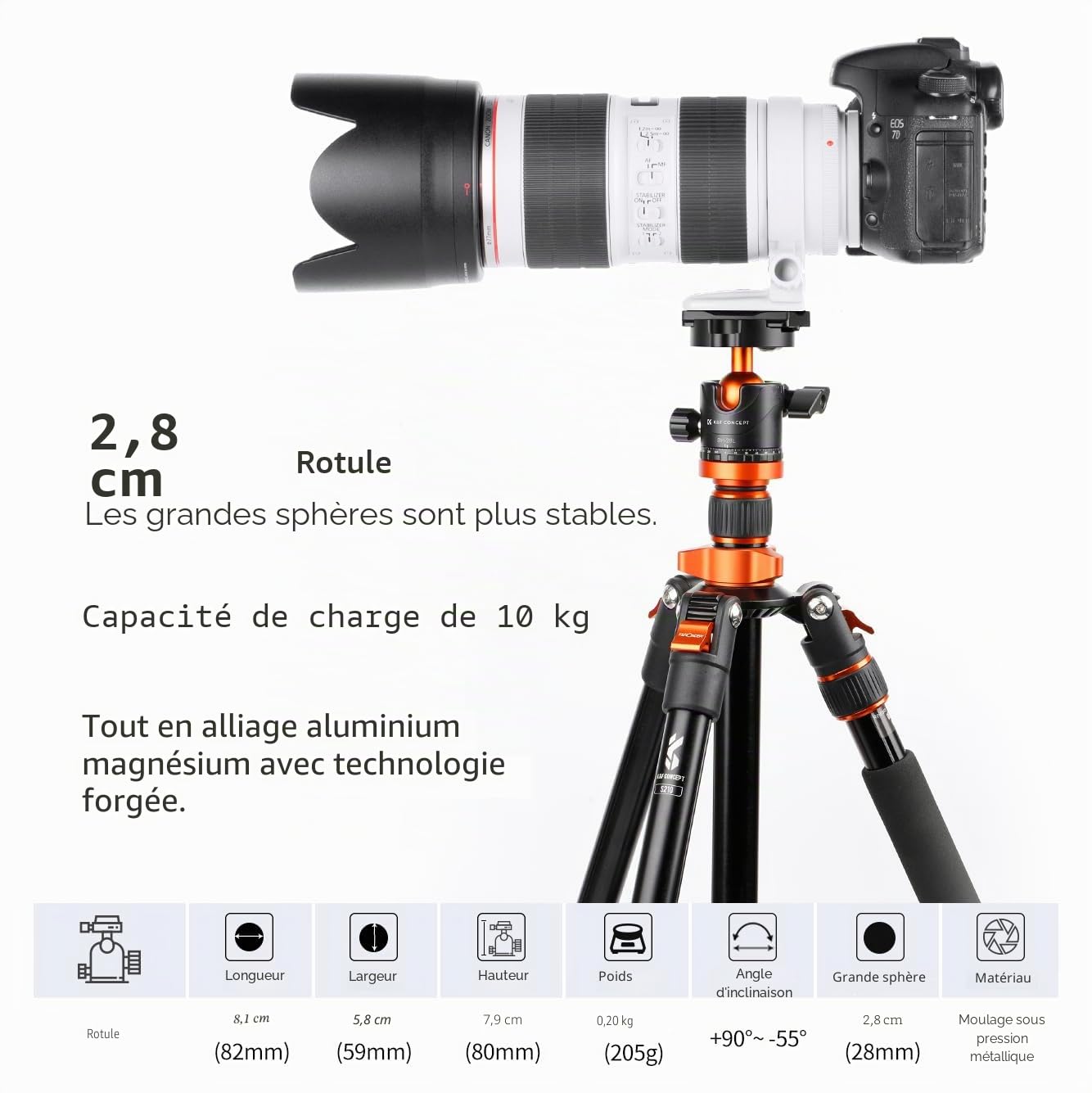K&F Concept Rotule Ball Tête vis 3/8" en Aluminium Ball Head Adaptateur 360° Rotatif avec Plaque Rapide de Vis 1/4" pour Trépied et Caméra Charge Max 10KG